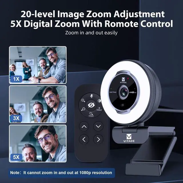 Alt view image 5 of 5 - Zoomable Webcam with Remote Control, Vitade 1080P 60FPS Streaming Webcam with Ring Light and Microphone, Pro USB Webcam with 5X Digital Zoom Built in Privacy Cover for Zoom/Skype Teams/PC/Laptop/Mac