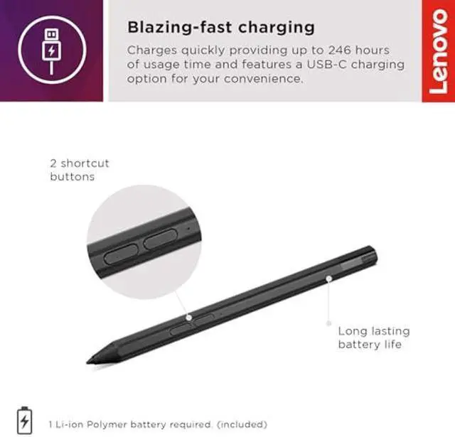 Alt view image 2 of 4 - Lenovo Precision Pen 2 (Laptop) - USB-C Charging - Tilt Recognition - Pen is Only Compatible with Certain Devices, Iron Grey