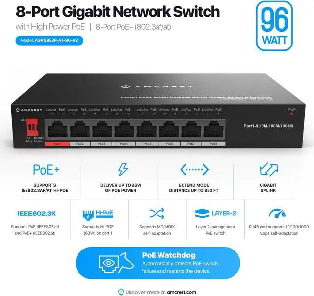 Alt view image 2 of 5 - Amcrest 8-Port POE+ Power Over Ethernet POE Switch with Metal Housing, 8-Ports POE+ 802.3af/at 96w (AGPS8E8P-AT-96-V2)