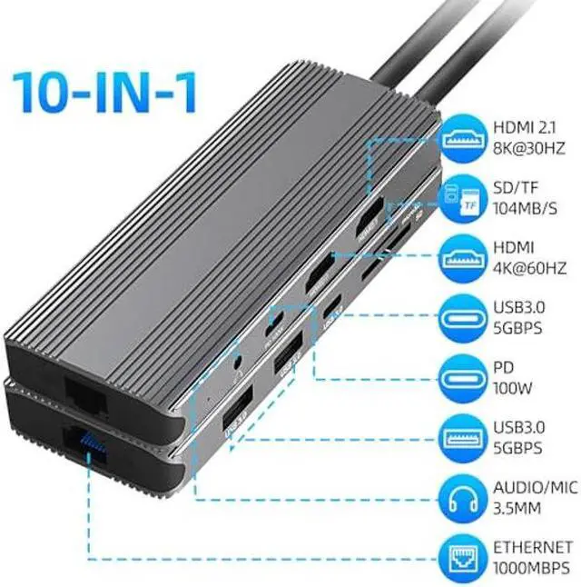 Alt view image 2 of 5 - Bytecc 8k Docking Station, USB-C Docking Station for Laptop and Dual Monitor,10 in 1 Laptop Docking Station with 2 HDMI,1000Mpbs LAN,PD 100W,3 USB 3.0 Port,SD/TF and 3.5mm Audio Port
