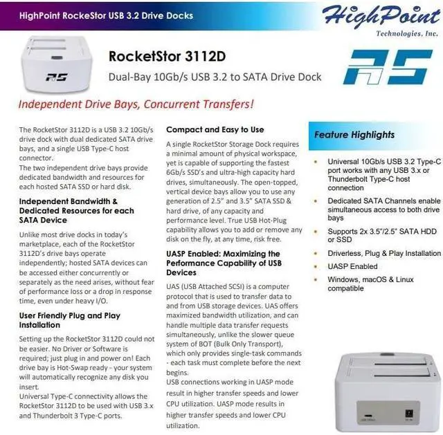Alt view image 5 of 5 - HighPoint Technologies Highpoint RocketStor 3112D Dual-Bay 10Gb/s USB 3.2 to SATA Drive Dock