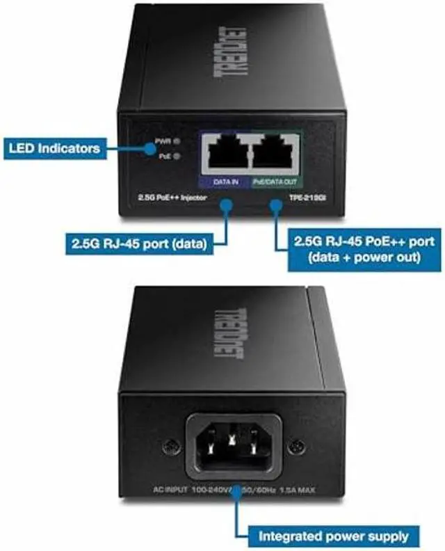 Alt view image 2 of 4 - TRENDnet 2.5G PoE++ Injector, TPE-219GI, 90W PoE++, 30W PoE+, 15.4W PoE, IEEE 802.3 bt /802.3at/802.3af Compliant, Metal Housing, Up to 100m (328 ft.), Black
