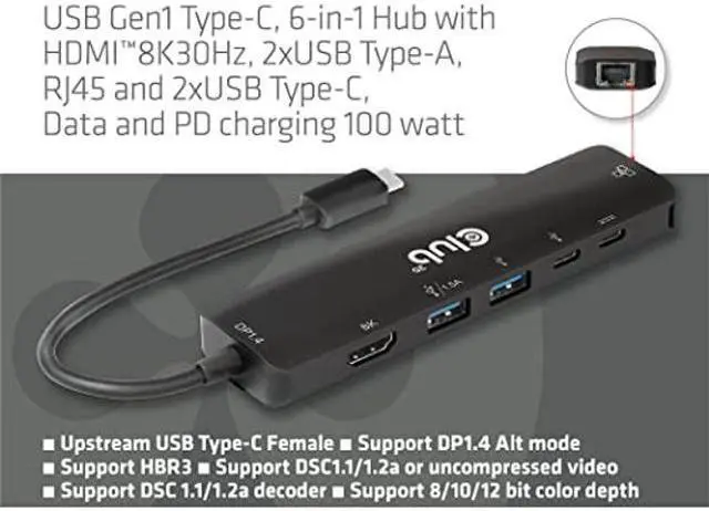 Alt view image 2 of 4 - Club 3D CSV-1596 USB Gen1 Type-C, 6-in-1 Hub with HDMI 8K30Hz-4K120Hz, 2xUSB Type-A, RJ45 and 2xUSB Type-C, Data and PD Charging 100 watt