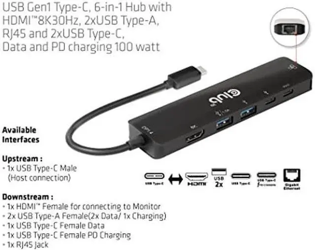 Alt view image 3 of 4 - Club 3D CSV-1596 USB Gen1 Type-C, 6-in-1 Hub with HDMI 8K30Hz-4K120Hz, 2xUSB Type-A, RJ45 and 2xUSB Type-C, Data and PD Charging 100 watt