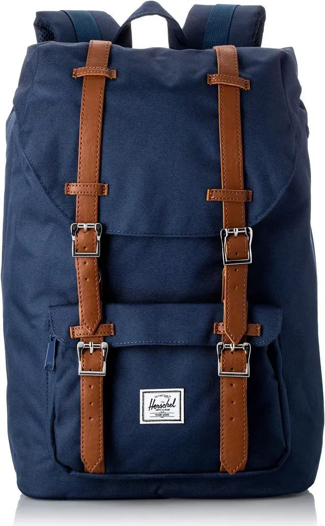 Main image of Herschel Little America Laptop Backpack, Navy/Tan Synthetic Leather, Mid-Volume 17.0L