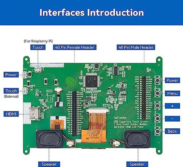 Alt view image 4 of 5 - SunFounder 7 Inch Touchscreen for RPI 4,1024X600 IPS Display, USB HDMI Portable Mini Monitor, Upgraded 7in Touch Screen for RPI 4 Monitor with Stand and Dual Speakers