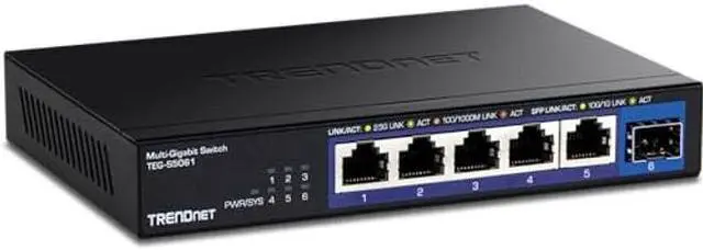 Main image of TRENDnet 6-Port Unmanaged 2.5G Switch with 10G SFP+Port, TEG-S5061, 5 x 2.5GBASE-T Ports, 45Gbps SwitchingCapacity, Fanless, Wall Mountable,Lifetime Protection,Black