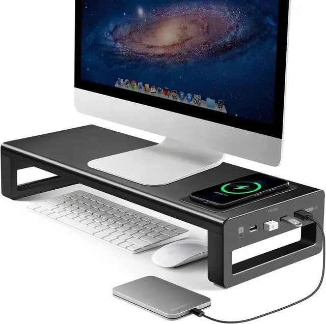 Main image of Vaydeer Wireless Charging and USB 3.0 Monitor Stand, Monitor Riser for Desk with Storage, Single Shelf Holder Raiser Organizer for Computer iMac Laptop PC Screen, Heavy Duty Gift Gaming Studio Office