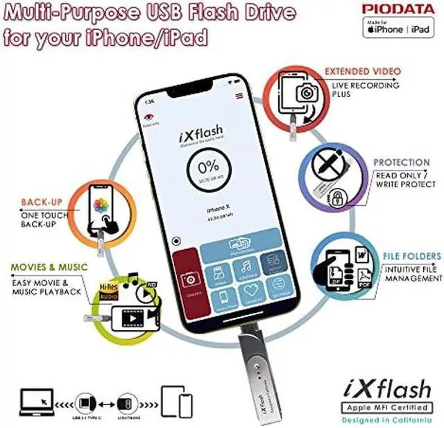 Alt view image 5 of 5 - PioData iXflash 512GB MFi Certified Flash Pen Drive for iPhone/iPad/Mac/PC USB 3.1 Type C Lightning External Storage Memory Photo Stick