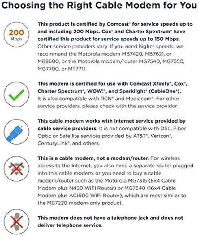 Alt view image 5 of 5 - MOTOROLA 8x4 Cable Modem, Model MB7220, 343 Mbps DOCSIS 3.0, Certified by Comcast XFINITY, Time Warner Cable, Cox, BrightHouse, and More (No Wireless)