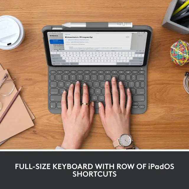 Alt view image 2 of 5 - Logitech Slim Folio Bluetooth Keyboard Case for iPad (10th Generation) with Integrated Wireless Keyboard - Oxford Gray