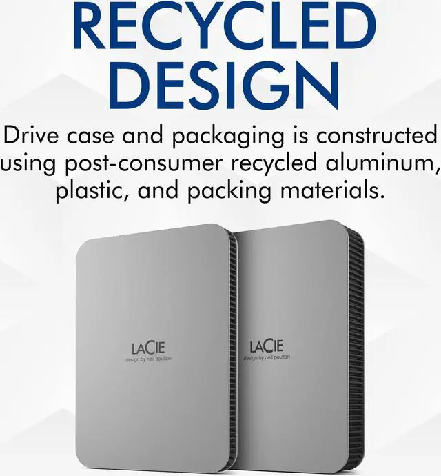 Alt view image 3 of 5 - LaCie Mobile Drive, 2TB, External Hard Drive Portable - Moon Silver, USB-C 3.2, for PC and Mac, Post-Consumer Recycled, with Adobe All Apps Plan (STLP2000400)