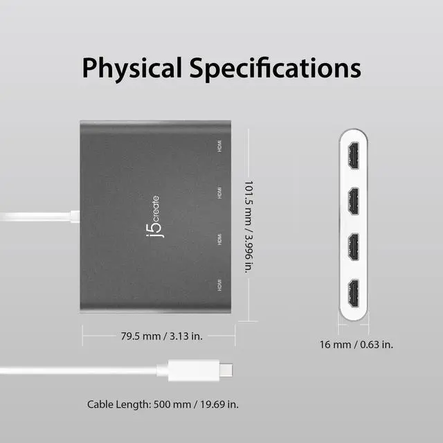 Alt view image 5 of 5 - j5create USB-C to 4 Port HDMI Adapter Hub- Multi Monitor Splitter - Support 4 1080p 60Hz Displays - Compatible with Type-C MacBook and Windows Laptop (JCA366)