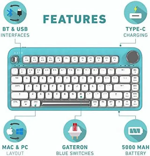 Alt view image 5 of 5 - Azio IZO Wireless BT5/USB PC & Mac Mechanical Keyboard, Pre-Lubed Red Switches, Mint Daisy (IK409)