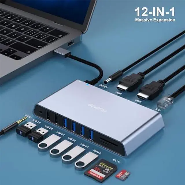 Alt view image 2 of 5 - BENFEI 12-in-1 USB Type-A/USB Type-C Docking Station with Dual HDMI Display/6*USB Ports/SD/TF Card Reader/Gigabit Ethernet Network/3.5mm Female Headphone Jack Compatible with Windows and Mac