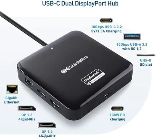 Alt view image 2 of 5 - Cable Matters 7-in-1 4K 60Hz USB C DisplayLink Dock (DisplayLink Docking Station) with Dual DisplayPort, Gigabit Ethernet, 10Gbps USB, SD Reader, 100W PD for MacBook Pro M1 / M2 / M3 & Windows Laptops