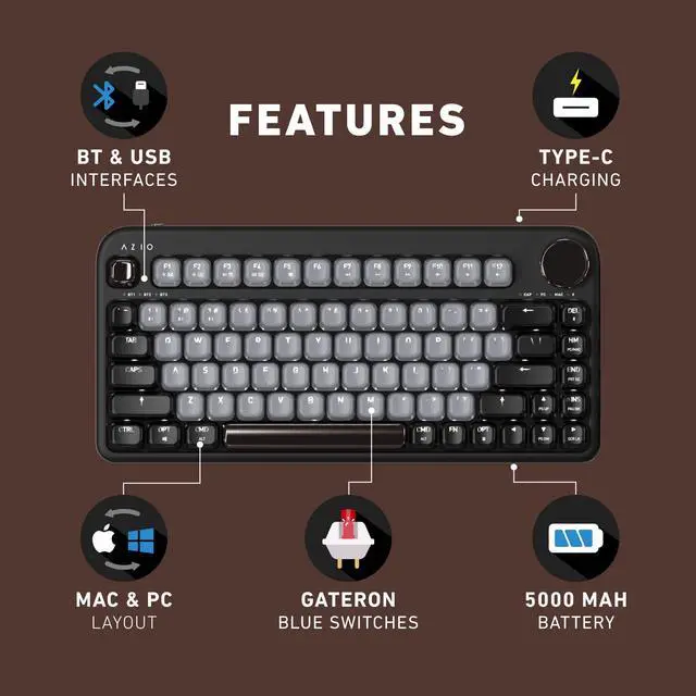 Alt view image 5 of 5 - Azio IZO Wireless BT5/USB PC & Mac Mechanical Keyboard, Pre-Lubed Red Switches, Black Willow (IK404)