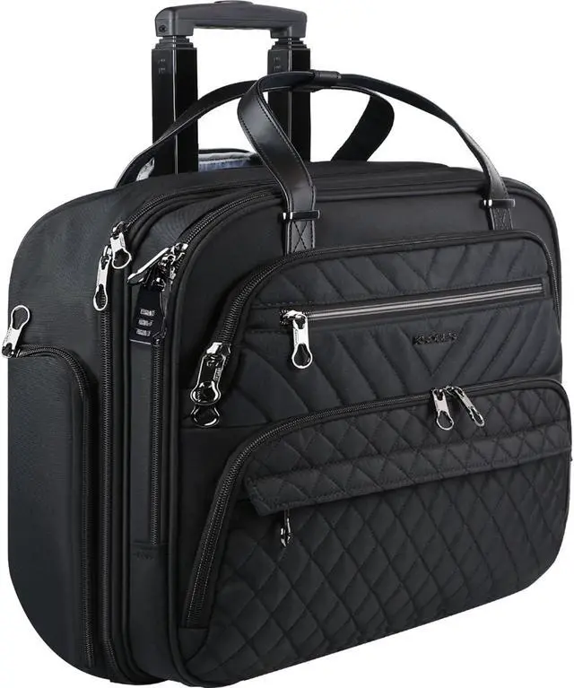Main image of KROSER Rolling Laptop Bag Women,15.6 inch Rolling Briefcase for Women with RFID Pockets, Rolling Computer Bag Laptop Case for Work Travel Business, Quilted Black