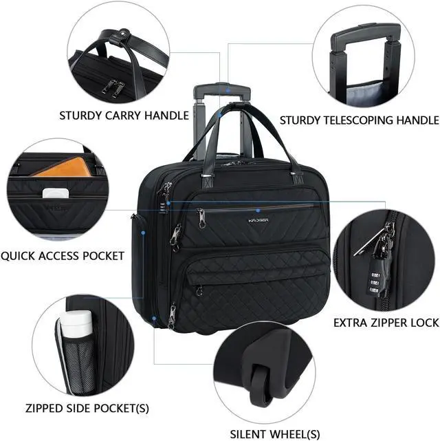 Alt view image 5 of 5 - KROSER Rolling Laptop Bag Women,15.6 inch Rolling Briefcase for Women with RFID Pockets, Rolling Computer Bag Laptop Case for Work Travel Business, Quilted Black