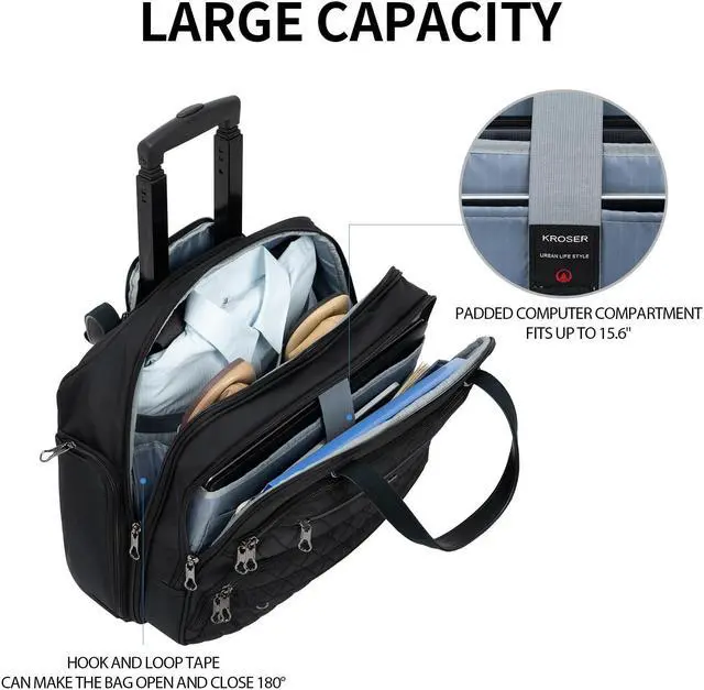 Alt view image 3 of 5 - KROSER Rolling Laptop Bag Women,15.6 inch Rolling Briefcase for Women with RFID Pockets, Rolling Computer Bag Laptop Case for Work Travel Business, Quilted Black