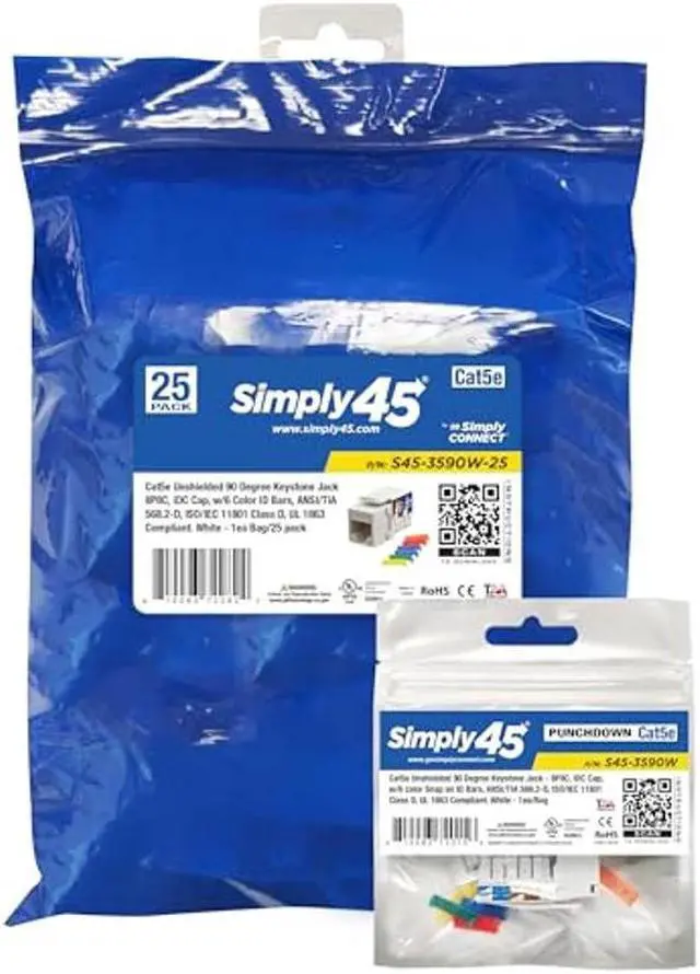 Main image of Simply45 S45-3590BL Cat5e Unshielded 90 Degree Keystone Jack - Blue - 25-Pack - 810093722778