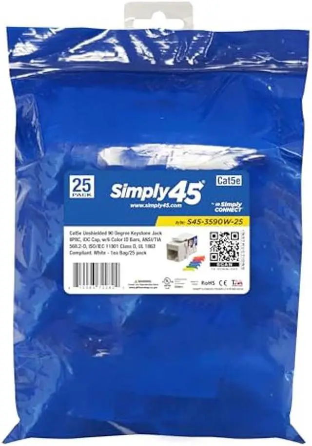 Alt view image 2 of 3 - Simply45 S45-3590BL Cat5e Unshielded 90 Degree Keystone Jack - Blue - 25-Pack - 810093722778