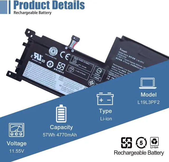 Alt view image 2 of 5 - VANPIR L19L3PF2 Laptop Battery Replacement for Lenovo Ideapad 5-15ARE05 5-15IIL05 Series Notebook L19L4PF1 L19C3PF4 L19C3PF5 L19C4PF1 L19M3PF6 L19D3PF3 11.55V 57Wh 4770mAh