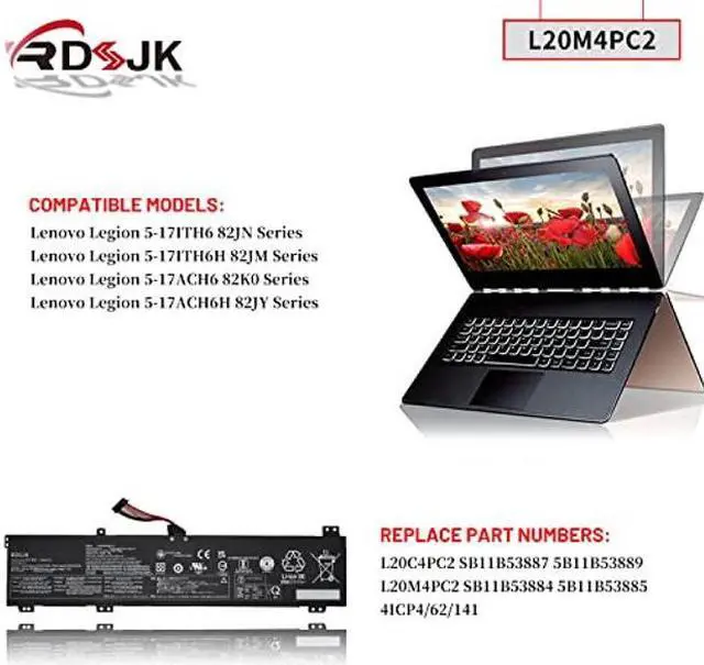 Alt view image 3 of 5 - RDSJK L20C4PC2 L20M4PC2 Laptop Battery for Lenovo Legion 5-17ITH6 82JN 5-17ITH6H 82JM 5-17ACH6 82K0 5-17ACH6H 82JY Series L20D4PC2 L20L4PC2 SB11B53884 5B11B53885 SB11B53887 5B11B53889 15.36V 80Wh