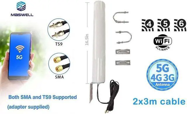 Alt view image 3 of 3 - MASWELL Cellular Antenna 5G LTE MIMO 2X2 Antenna TS9 4G 3G and GSM Screw Mount Medium Gain Cylinder Antenna 700-6000MHz 4G Main and AUX