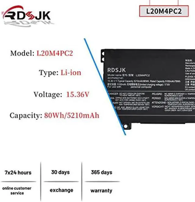 Alt view image 2 of 5 - RDSJK L20C4PC2 L20M4PC2 Laptop Battery for Lenovo Legion 5-17ITH6 82JN 5-17ITH6H 82JM 5-17ACH6 82K0 5-17ACH6H 82JY Series L20D4PC2 L20L4PC2 SB11B53884 5B11B53885 SB11B53887 5B11B53889 15.36V 80Wh
