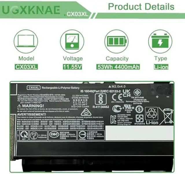 Alt view image 2 of 5 - UGXKNAE CX03XL Laptop Battery Compatible with HP EliteBook X360 830 G7 EliteBook x360 830 G8 Series HSTNN-IB9G HSTNN-LB8R L77624-422 L77624-421 L77624-1C1 L78551-005 CX03053XL 11.55V 53Wh 4400mAh