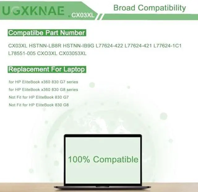 Alt view image 5 of 5 - UGXKNAE CX03XL Laptop Battery Compatible with HP EliteBook X360 830 G7 EliteBook x360 830 G8 Series HSTNN-IB9G HSTNN-LB8R L77624-422 L77624-421 L77624-1C1 L78551-005 CX03053XL 11.55V 53Wh 4400mAh