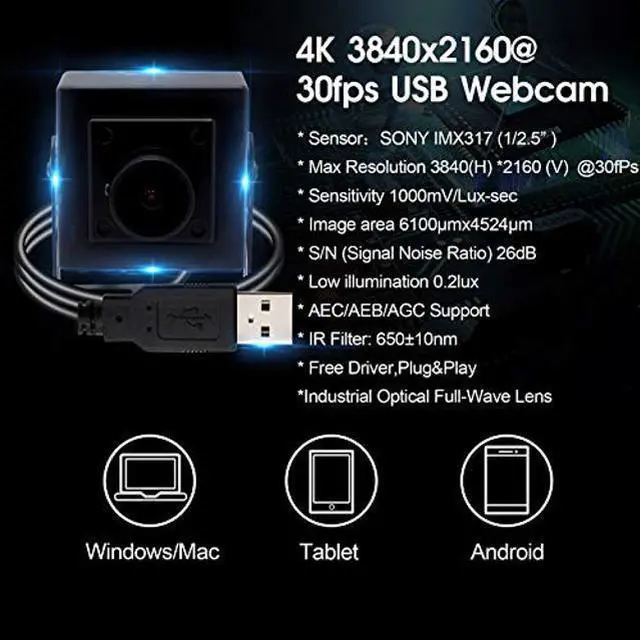 Alt view image 5 of 5 - Hotpet 170 Degree Fisheye 4K Webcam 2160P USB Camera with Sony IMX317 Sensor USB Webcamera for Industrial, 30fps 3840x2160 Mini CMOS USB Web Camera Mini Camera Support Most OS Web Cams