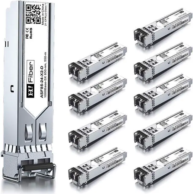 Main image of H!Fiber 10 Pack 1.25G Multimode SFP LC Module, 1000Base-SX Gigabit Fiber Transceiver for Cisco GLC-SX-MMD, Meraki, Ubiquiti UniFi UF-MM-1G, TP-Link, Fortinet, Intel, Netgear (MMF,850nm,550m,DDM)