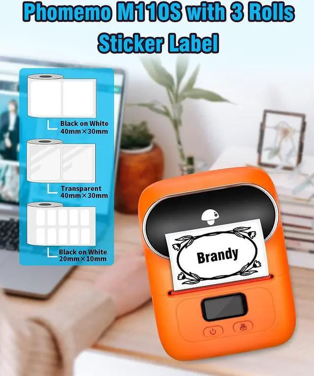 Alt view image 5 of 5 - Phomemo M110S Label Maker- Mini Portable Bluetooth Thermal Label Printer for Clear Label, Barcode, Clothing, Office, Business, Compatible with Android & iOS, Orange