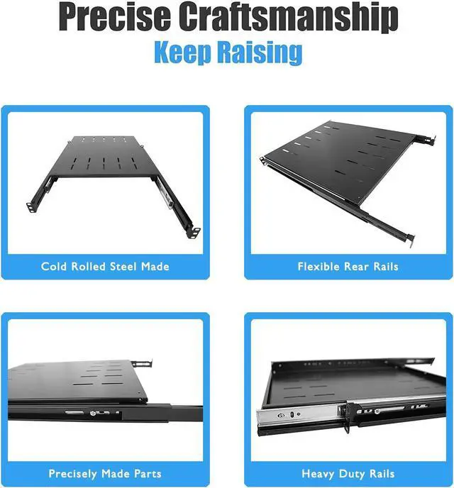 Alt view image 4 of 5 - RAISING ELECTRONICS Sliding Fixed Rack Server Shelf 1U 19inch 4 Post Rack Mount-Adjustable 24inch-32inch