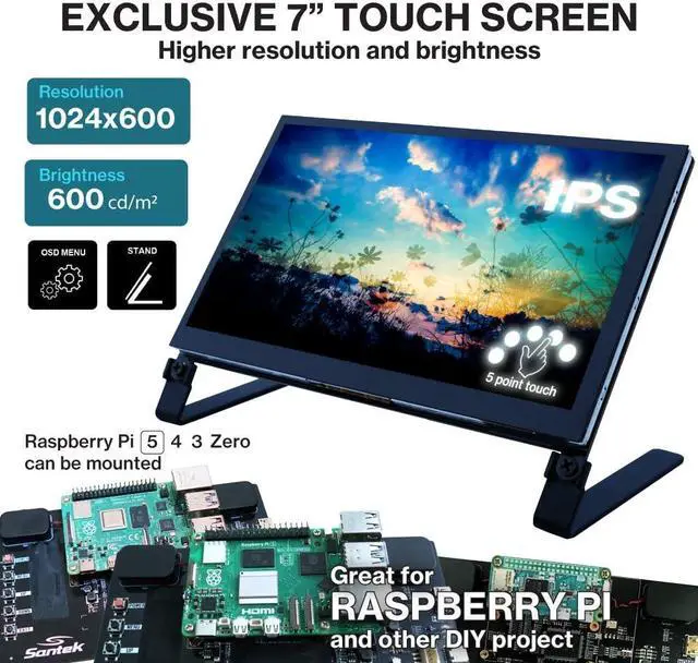 Alt view image 2 of 5 - Santek High Brightness Raspberry Pi 5 Touchscreen, Portable Mini Monitor with HDMI, USB-C Powered Touch Panel IPS Screen, Build-in Dual Speakers, Compatible with RPI 5 4 3 Zero Win (7 inch)