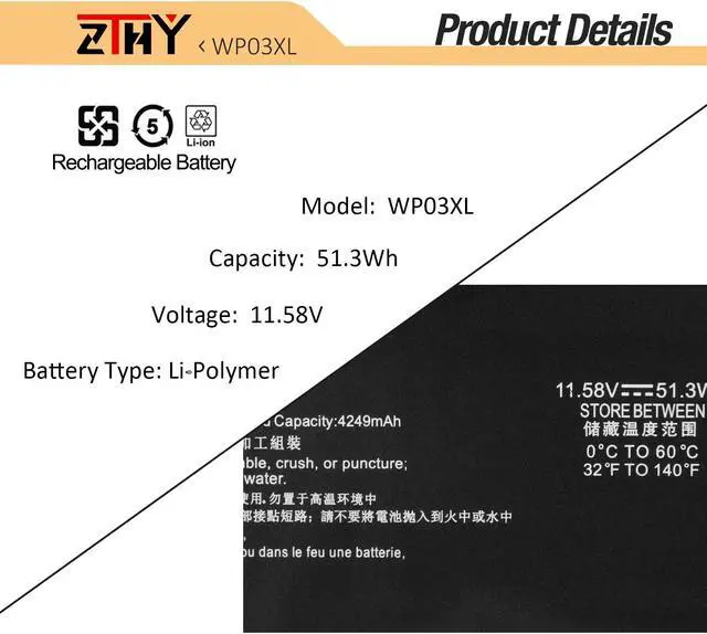 Alt view image 3 of 5 - WP03XL M73466-005 Laptop Battery Replacement for HP EliteBook 830 835 840 845 860 865 G9 G10 G11/EliteBook X360 1040 G9 G10 2-in-1/ ZBook Firefly 14 G9 G10 /Split X2 13-M000/ Elite X360 830 G11 51.3Wh