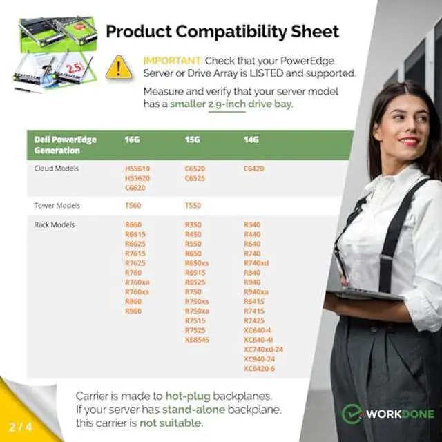 Alt view image 3 of 5 - WorkDone 4-Pack - 2.5" Hard Drive Caddy - Compatible for Dell PowerEdge Servers - 14th Gen R440 R640 R740 R740xd R840 R940 R6415 R650xs - Bright LED SSD SAS SATA NVMe Tray - Setup with Manual