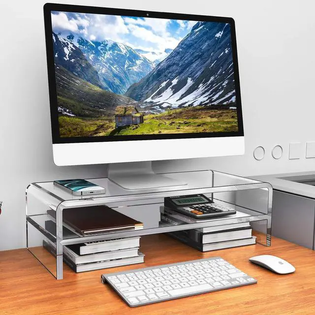 Alt view image 3 of 5 - Egchi Acrylic Monitor Stand, 2 Tiers Computer Monitor Riser(20x8x5.5 Inch), Monitor Riser/Computer Stand for Home,Office,Business,PC Desk Stand for Keyboard Storage& Multi-Media Laptop Printer Screen