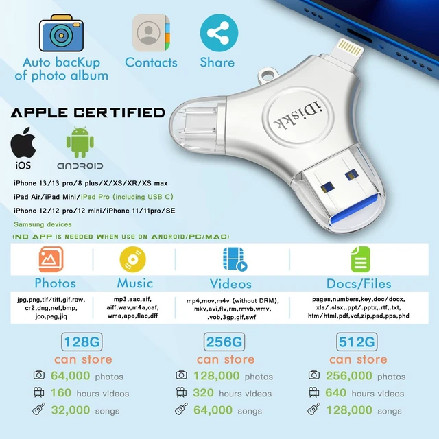 Alt view image 5 of 5 - Roll Over Image to Zoom in iDiskk MFI Certified 128GB Photo Stick for iPhone USB C iPad Pro Android Samsung Flash Drive for iPhone 13/12 pro/12/12 max/12 mini/11/11/Pro/XR/X/XS MAX,iPad pro Photo STO