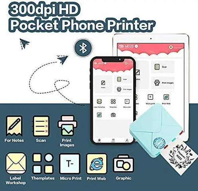 Alt view image 4 of 5 - Phomemo M02S Pocket Printer- Mini Bluetooth Thermal Printer with 3 Rolls White Sticker Paper, Compatible with iOS + Android for Learning Assistance, Study Notes, Journal, Fun, Work, Cyan