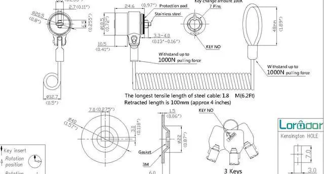 Alt view image 2 of 5 - LORADAR Keyed Alike 5Pack Security Hardware Cable Lock Kit,Retractable Cable Lock Portable Keyed Laptop Lock 5Keys 6.2Ft for Monitors, Laptops, MacBooks, Tablets, iPad,Mac Mini,