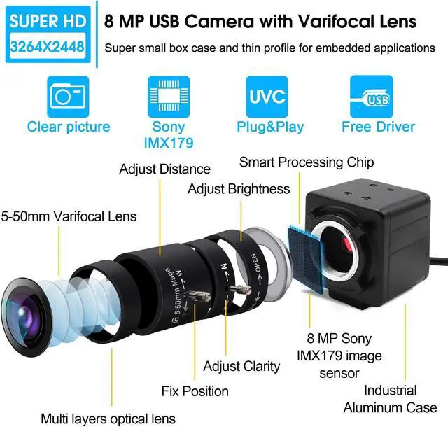 Alt view image 2 of 5 - Hotpet 8MP USB Camera 2448P Webcam with Zoom Lens Video Conference Streaming Industria Camera UVC Plug Play PC Webcam for Windows Linux MAC OS Android Raspberry Pi