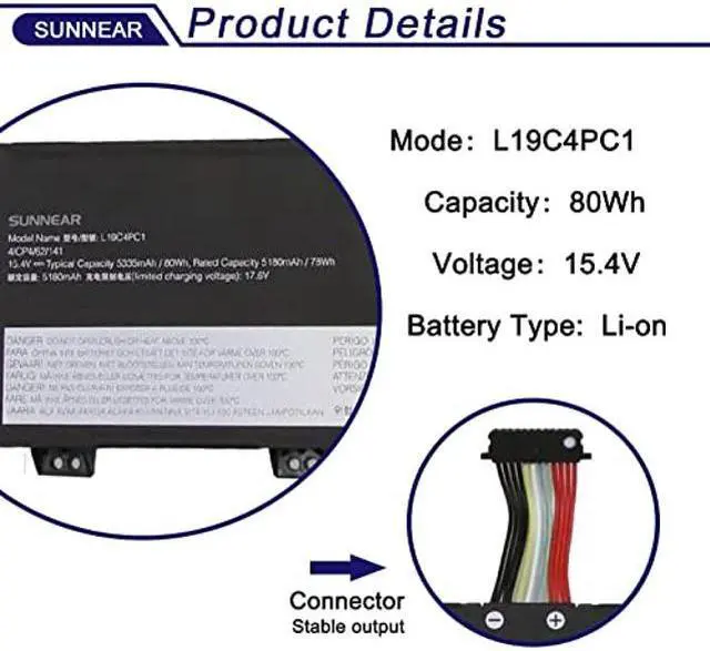 Alt view image 2 of 4 - SUNNEAR L19C4PC1 Laptop Battery Compatible with Legion 5P-15IMH05 Legion 5-15IMH05 5-15ARH05 Series L19C4PC0 5B10W86196 L19M4PC0 5B10W86195 L19M4PC1 5B10W86192 5B10W86194 15.4V 80Wh 5335mAh