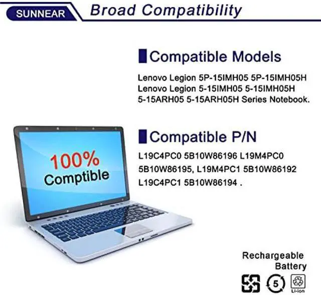 Alt view image 4 of 4 - SUNNEAR L19C4PC1 Laptop Battery Compatible with Legion 5P-15IMH05 Legion 5-15IMH05 5-15ARH05 Series L19C4PC0 5B10W86196 L19M4PC0 5B10W86195 L19M4PC1 5B10W86192 5B10W86194 15.4V 80Wh 5335mAh