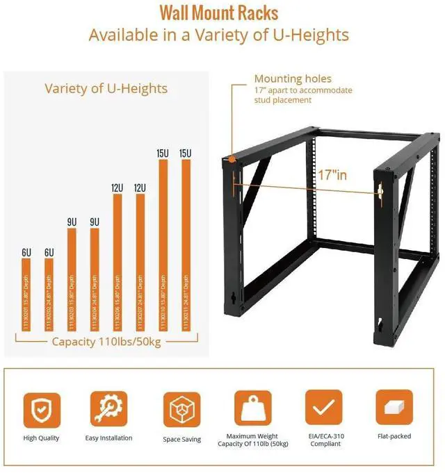 Alt view image 5 of 5 - Tecmojo 9U Wall Mount Rack, Wall Mount Network Rack 24.8in Depth, Open Frame Server Rack for 19in IT/AV/Data/Home Equipment, Black
