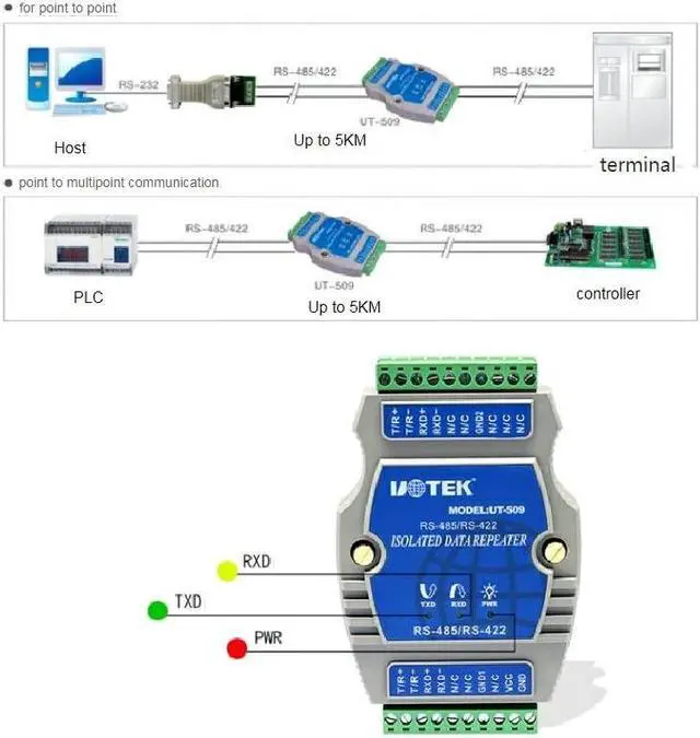Alt view image 4 of 5 - UTEK UT-509 External-Powered RS-485/422 Repeater Rail-Mounted PhotoElectric Isolation