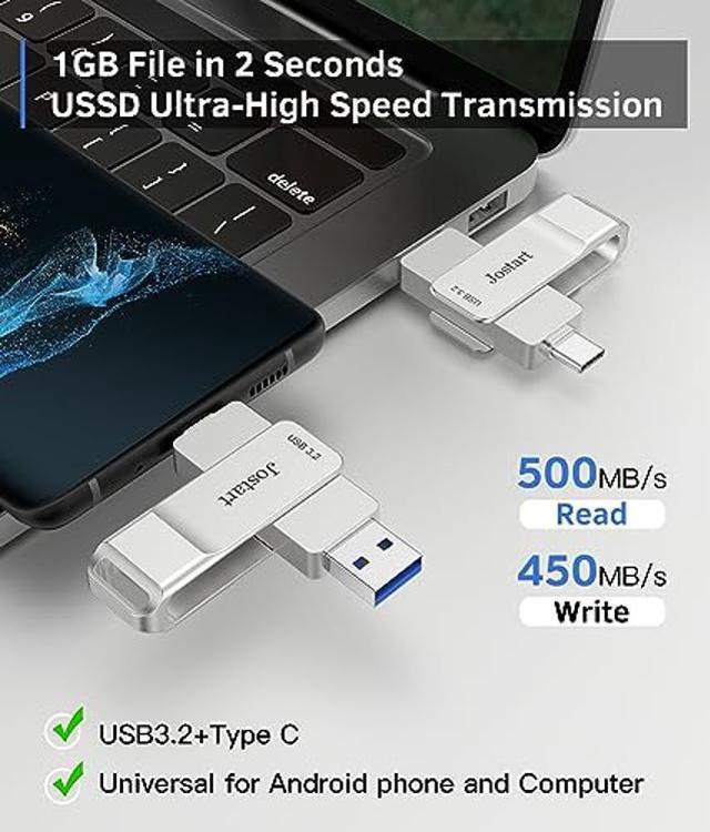 Alt view image 2 of 5 - JOSTART 1TB USB 3.2 SSD Solid State Flash Drive,500MB/s High Speed Type C+USB A Drive Gen2, 2in1 Dual Thumb Drive USB C Memory Stick for iPhone 15 Series/USB-C iPad/Android Phone,Laptop,Mac