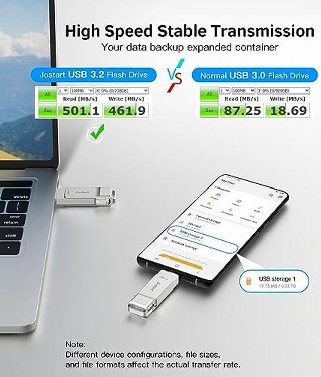 Alt view image 3 of 5 - JOSTART 1TB USB 3.2 SSD Solid State Flash Drive,500MB/s High Speed Type C+USB A Drive Gen2, 2in1 Dual Thumb Drive USB C Memory Stick for iPhone 15 Series/USB-C iPad/Android Phone,Laptop,Mac